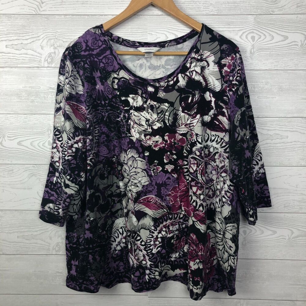 CJ Banks Women's 3X Printed 3/4 Sleeve Tee Shirt Scoop Neck Cotton Blend Casual